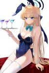  1girl absurdres bare_shoulders blonde_hair blue_archive blue_bow blue_bowtie blue_eyes blue_leotard blush bow bowtie breasts chiya_(inae129) cleavage collarbone covered_navel detached_collar halo highres holding holding_tray leotard long_hair looking_at_viewer medium_breasts playboy_bunny sitting sitting_on_table skin_tight skindentation smile solo thighhighs toki_(blue_archive) toki_(bunny)_(blue_archive) tray very_long_hair white_background white_thighhighs wrist_cuffs 