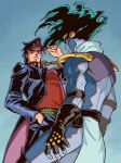  1boy 1other black_coat black_gloves black_hair black_hat black_pants blue_skin chain coat colored_skin commentary_request fingerless_gloves gakuran gloves hat highres jojo_no_kimyou_na_bouken karutade kujo_jotaro long_coat long_hair long_sleeves male_focus pants pelvic_curtain red_shirt school_uniform shirt stand_(jojo) star_platinum stardust_crusaders stardust_crusaders_(ova) 