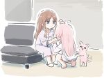  2girls bang_dream! bang_dream!_it&#039;s_mygo!!!!! blue_eyes blush brown_hair chihaya_anon commentary dog dress headpat jacket long_hair long_sleeves lyy multiple_girls nagasaki_soyo pink_hair shorts sidelocks slippers symbol-only_commentary white_dress white_jacket white_shorts yuri 