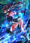  1girl armor armored_boots asura_ninja bare_shoulders blue_eyes boots breasts brown_hair city cityscape cloud dual_wielding elbow_gloves gloves glowing highres holding holding_sword holding_weapon large_breasts leotard looking_at_viewer mask mecha_musume megami_device moon mouth_mask night night_sky ninja ninja_mask outdoors ponytail red_scarf scarf shingo_(picturepuzzle) short_sword sky solo sword thighhighs variant_set weapon 