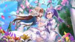  2girls assault_lily asymmetrical_bangs bare_shoulders blue_hair blue_scrunchie blue_sky blurry blurry_background breasts bridal_veil bride clothing_cutout cloud colored_inner_hair column commentary_request copyright_notice cowboy_shot day dress dress_flower elbow_gloves eye_contact floating_hair flower frilled_sleeves frills garter_straps gloves green_eyes hair_between_eyes hair_ornament hair_scrunchie hand_up high-low_dress high_ponytail holding_hands honma_akehi interlocked_fingers ishizuka_fujino jacket light_particles long_hair long_sleeves looking_at_another medium_breasts multicolored_hair multiple_girls niwatori_(satoru0201) official_alternate_costume official_art open_clothes open_jacket open_mouth orange_flower outdoors pant_suit pants pillar pink_flower ponytail profile purple_flower purple_hair purple_ribbon raised_eyebrows ribbon scrunchie see-through_clothes see-through_veil side_cutout sky sleeveless sleeveless_dress smile standing strapless strapless_dress suit sunlight teeth thighhighs tiara tree two-tone_hair upper_teeth_only veil very_long_hair wedding_dress white_dress white_gloves white_jacket white_pants white_thighhighs yellow_eyes yellow_flower yuri 