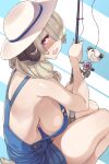  1girl animal_ears asymmetrical_bangs back bare_back blonde_hair blue_overalls breasts curled_horns denim fishing fishing_line fishing_rod hair_over_one_eye hat highres horns indie_virtual_youtuber inori_marie kouya_no_naga_samurai large_breasts long_hair looking_at_viewer looking_back mascot naked_overalls no_bra one_eye_covered open_mouth overalls red_eyes sagging_breasts sheep_ears sheep_girl sheep_horns sheep_tail sideboob simple_background solo squatting suspenders tail thighs thomasz white_hat 