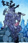  aroused axe balls big_penis bulge cervine forest leaning looking_at_viewer male mammal melee_weapon muscular nipples nude outside penis pinup pose reindeer snow solo tree tsaiwolf uncut weapon winter 