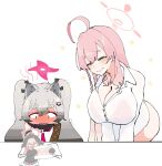  2girls 3girls animal_ear_fluff animal_ears ass blue_archive blush breasts embarrassed flirt_dragoon grey_hair halo hanako_(blue_archive) hanako_(swimsuit)_(blue_archive) head_wings highres koharu_(blue_archive) large_breasts looking_down michiru_(blue_archive) multiple_girls naughty_face pink_hair pink_halo shuriken smile twintails weapon wings 