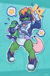 2025 abuniverse alphagatorz alphagatorz_(diaper) anthro biped black_sclera clean_diaper clothed clothing diaper digital_media_(artwork) electricity_symbol fur gesture green_body green_eyes green_fur hand_gesture hi_res male mammal multicolored_body multicolored_fur one_eye_closed plushie sega simple_background solo sonic_the_hedgehog_(series) spacefluuuf star_symbol tevin toony v_sign wearing_diaper wink