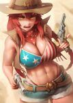  1girl abs absurdres bandana bandana_around_neck belt blue_shorts blurry blurry_background breasts brown_belt brown_hat brown_vest cleavage commentary cowboy_hat cowboy_shot dragon_girl dragon_horns eyeliner gun hair_between_eyes hashtag-only_commentary hat highres holding holding_gun holding_weapon horns huge_breasts light_particles looking_to_the_side makeup navel numanoan open_clothes open_mouth open_vest red_hair revolver short_shorts shorts sidelocks skull_belt slit_pupils smoke sweat symbol-only_commentary teeth toned toned_female twintails vest virtual_youtuber vshojo weapon wet yellow_eyes zentreya zentreya_(cowboy_bikini) zentreya_(dragon) 