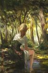  blonde_hair blurry capelet commentary day dress elf fantasy faux_traditional_media forest from_behind hands_on_lap highres long_hair matsura_ichirou nature original pointy_ears scenery signature sitting soaking_feet solo sunlight tree water 