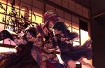  2girls black_hair blood blood_splatter breasts cleavage clenched_teeth confrontation eye_contact floral_print game_cg grimace highres holding holding_sword holding_weapon injury japanese_clothes kaguyuzu katana kimono kuryo_nozomi large_breasts long_hair looking_at_another multiple_girls nie_no_hakoniwa non-web_source oiran print_kimono red_hair saegusa_renge school_uniform serafuku short_hair shouji skirt sliding_doors smile stab sword teeth twilight weapon 