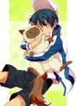  1boy animal animal_hug aqua_hair baseball_cap black_shorts blue_eyes blush brown_fur cat closed_eyes colorpoint cowboy_shot echizen_ryooma floating_clothes green_background hair_between_eyes happy hat hat_loss high_collar holding holding_animal holding_cat jacket karupin light_smile looking_at_another male_focus mimana one_eye_closed open_clothes open_jacket outline pet pillarboxed polka_dot polka_dot_background short_hair shorts tennis_no_ouji-sama track_jacket whiskers white_fur white_hat white_outline 
