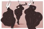 2_fingers anthro arthropod big_butt biped black_body black_eyes border breasts butt crouching exclamation_point female fingers genitals hi_res hollow_eyes hollow_knight hornet_(hollow_knight) multicolored_body nude pink_background rear_view saltyxodium simple_background solo team_cherry vessel_(species) vulva white_body white_border