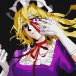  1girl black_background blonde_hair blood blood_on_face choker crazy_eyes dress gloves hair_between_eyes hat highres looking_at_viewer mob_cap poxiao354 purple_dress purple_eyes ribbon_choker short_sleeves single_blank_eye smile solo teeth touhou white_gloves yakumo_yukari 