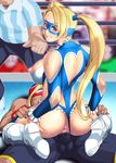  1boy 1girl absurdres anus areolae arikawa blonde_hair blue_eyes blush boots breasts capcom censored female frills girl_on_top heart large_breasts leotard leotard_aside long_hair looking_at_viewer nipples rainbow_mika sex sideboob smile straddling street_fighter street_fighter_v sweat twintails vaginal wrestling_outfit wrestling_ring 