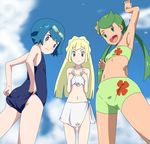  10s 3girls :d arm_up armpits ass bare_shoulders bikini blonde_hair blue_eyes blue_hair blue_sky child closed_mouth cloud collarbone female flat_chest flower from_below glasses lillie_(pokemon) long_hair long_twintails looking_at_viewer looking_down mao_(pokemon) midriff multiple_girls navel nintendo npc npc_trainer one-piece_swimsuit open_mouth orange_eyes orange_hair pokemon pokemon_(anime) pokemon_(game) pokemon_sm pokemon_sm_(anime) ribonzu short_hair sky smile standing suiren_(pokemon) swimsuit teeth trial_captain twintails white_bikini yellow_eyes 
