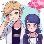  1girl ? adrien_agreste black_hair blonde_hair blue_eyes blush bright_pupils casual dramatica green_eyes hand_behind_head heart looking_down marinette_dupain-cheng miraculous_ladybug popped_collar short_twintails simple_background thought_bubble twintails twitter_username white_background 
