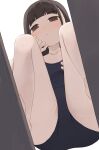  1girl black_one-piece_swimsuit blunt_bangs brown_hair collarbone from_below highres hiroki_(yyqw7151) one-piece_swimsuit original simple_background solo squatting swimsuit thighs white_background 