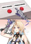  1girl bare_shoulders black_collar blonde_hair blue_eyes blue_hair breasts collar colored_inner_hair commentary crown_of_thorns daily_struggle_(meme) earrings english_commentary fleurdelys_(wuthering_waves) foxyreine hand_on_own_head highres horns huge_breasts jewelry long_hair long_horns meme multicolored_hair necklace parted_bangs parted_lips pointy_ears sidelocks single_horn solo sweat tabard tacet_mark_(wuthering_waves) trembling upper_body very_long_hair white_tabard wiping_sweat wuthering_waves yellow_horns 