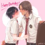  2boys 3_1_21 adam's_apple akazawa_yoshirou belt black_hair blush brown_eyes brown_hair brown_pants closed_eyes clothes_grab collared_shirt dark-skinned_male dark_skin dated diagonal-striped_clothes diagonal-striped_necktie face-to-face fingernails full-face_blush furrowed_brow hair_between_eyes happy_birthday height_difference imminent_kiss leaning_forward light_frown looking_at_another male_focus medium_hair mizuki_hajime multiple_boys necktie necktie_grab neckwear_grab nervous nervous_sweating nose_blush outline pale_skin pants parted_bangs pink_background puckered_lips red_necktie school_emblem school_uniform shirt shirt_tucked_in short_hair short_sleeves simple_background striped_clothes sweat sweatdrop tennis_no_ouji-sama trembling upper_body wavy_hair white_outline yaoi 