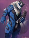 anthro arcanine balls big_balls big_penis bitfang black_body black_penis blue_body bodily_fluids bracelet claws cum ejaculation eyewear finger_claws foreskin generation_1_pokemon genital_fluids genitals glasses hi_res holding_penis huge_penis humanoid_genitalia humanoid_penis jewelry male muscular muscular_anthro muscular_male necklace nintendo nude nude_anthro nude_male penis pink_background pokemon pokemon_(species) pubes purple_background simple_background solo standing tail wearing_glasses