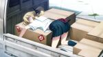  1girl ahoge bent_over black_bow blank_eyes blonde_hair blue_skirt blue_socks blue_stripes bow chuo_tanegashima_high_school_uniform cropped_shirt emphasis_lines exhausted facing_to_the_side fukuda_tomonori game_cg gloom_(expression) hair_between_eyes hair_bow high-waist_skirt highres kneeling koujiro_frau motor_vehicle multiple_hair_bows non-web_source official_art on_truck pickup_truck pleated_skirt robotics;notes sailor_collar school_uniform shaded_face shirt short_sleeves sidelocks skirt socks solo thick_thighs thighs truck twintails white_sailor_collar white_shirt 