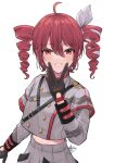  1girl ahoge arm_at_side belt black_belt black_sleeve_cuffs black_sleeves blush bow buttons commentary_request double-breasted drill_hair grey_jacket grey_skirt grin hair_between_eyes hair_bow hair_ribbon harumomiji highres jacket kasane_teto kasane_teto_(sv) layered_sleeves long_sleeves looking_at_viewer midriff_peek musical_staff musical_staff_print red_hair red_trim ribbon shoulder_belt shoulder_boards signature simple_background skirt smile solo striped_clothes striped_jacket synthesizer_v transparent_background twin_drills utau v v_over_mouth white_bow white_ribbon 
