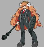 1girl belt black_belt black_jacket black_pants black_shoes black_vest bow brown_hairband collared_shirt freckles green_eyes grey_background hairband highres holding holding_mace holding_shield holding_weapon ishmael_(project_moon) jacket kekeken lapels limbus_company long_hair looking_at_viewer mace necktie notched_lapels open_mouth orange_hair pants project_moon red_necktie rope shield shirt shoes simple_background solo very_long_hair vest wavy_hair weapon white_bow white_shirt 