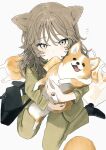  1girl absurdres animal animal_ears bag black_bag black_shoes brown_hair dog green_jacket green_pants highres holding holding_animal holding_dog jacket long_hair looking_at_viewer mouth_hold original pan-chan_(takaya_riku) pants shiba_inu shoes simple_background sitting solo takaya_riku wariza white_background 