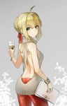  absurdres ahoge back backless_dress backless_outfit bag bangs bare_back blonde_hair bracelet braid breasts closed_mouth coffee_cup cowboy_shot cup disposable_cup dress eyebrows_visible_through_hair fate/extra fate_(series) from_behind grey_background hair_between_eyes hair_bun hair_intakes hair_ribbon halterneck handbag hieung highres holding holding_bag jewelry leaf leaf_background looking_at_viewer looking_back medium_breasts meme_attire nail_polish nero_claudius_(fate) nero_claudius_(fate)_(all) pantyhose red_legwear red_nails red_ribbon ribbed_sweater ribbon ring short_hair sidelocks smile solo starbucks sweater sweater_dress turtleneck turtleneck_sweater virgin_killer_sweater 
