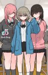  3girls absurdres arm_up arms_behind_back black_bow black_bowtie black_cardigan black_choker black_hair black_skirt black_socks blue_eyes blue_jacket bow bowtie brand_name_imitation brown_eyes brown_hair cardigan choker classroom closed_mouth commentary_request drawstring hair_over_one_eye highres indoors jacket jitome kneehighs long_sleeves looking_at_another looking_at_viewer medium_hair miniskirt multiple_girls open_clothes open_jacket original pink_cardigan pink_eyes pink_hair recording school_uniform shirt short_hair skirt sleeves_past_wrists smile socks standing tiktok tiktok_logo tomoyama_yuki_(tori_(eherotori)) torimogura v white_shirt white_socks 