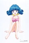  1990s_(style) 1girl aqua_hair barefoot bikini blue_eyes copyright_notice full_body highres invisible_chair knees_up looking_at_viewer medium_hair non-web_source official_art open_mouth retro_artstyle rolfee simple_background sitting solo swimsuit tadano_kazuko tonari_no_princess_rolfee white_background 