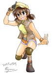  1girl absurdres alternate_costume belt belt_buckle black_shoes breasts brown_belt brown_eyes brown_hair brown_jacket brown_shorts brown_socks buckle cosplay crop_top fio_germi fio_germi_(cosplay) girls_und_panzer glasses grian_(griankay) gun hat highres holding holding_gun holding_weapon jacket knee_pads metal_slug navel orange_shorts orange_wrist_cuffs ou_taiga revolver semi-rimless_eyewear shirt shoes short_hair short_shorts short_twintails shorts signature sleeveless sleeveless_jacket socks tank_top twintails weapon weapon_request white_hat white_shirt white_tank_top wrist_cuffs 