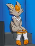 3:4 absurd_res anthro bottomwear butt cinderace clothing generation_8_pokemon grey_body hi_res male ninanidorina nintendo pants pokemon pokemon_(species) relieved sitting_on_toilet smile solo toilet toilet_use underwear