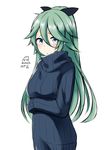  :3 artist_name black_ribbon blue_eyes blush cat commentary_request dated dress green_hair hair_between_eyes hair_ribbon kantai_collection long_hair looking_at_viewer nekobaka parted_lips ponytail ribbed_sweater ribbon signature simple_background solo sweater sweater_dress turtleneck turtleneck_sweater twitter_username upper_body very_long_hair white_background yamakaze_(kantai_collection) 