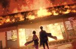  1boy 1girl architecture arson black_hair couple east_asian_architecture fire from_behind game_cg highres house jacket japanese_clothes kaguyuzu kimono nie_no_hakoniwa non-web_source shiki_kyoko short_hair wind yasaka_kurou 