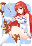  bare_shoulders blush boots breasts choker cleavage elbow_gloves gloves granblue_fantasy harp henriette_(shingeki_no_bahamut) instrument knee_boots large_breasts long_hair red_eyes red_hair sakikumo_(sakumo) shingeki_no_bahamut smile solo tiara white_footwear white_gloves 