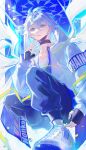  1boy black_gloves black_pants blue_eyes casual collarbone fingerless_gloves gloves grey_hair highres honkai:_star_rail honkai_(series) jacket male_focus pants parted_lips phainon_(honkai:_star_rail) roscoe_(onyx_black89) short_hair solo squatting teeth white_jacket yellow_pupils 