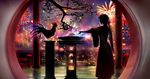 1girl bird chicken chinese_zodiac city city_lights dark fireworks hakama highres japanese_clothes long_hair miko new_year night original ponytail profile rooster scenery shrine silhouette sky solo tree_branch window year_of_the_rooster 