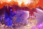  1girl autumn_leaves black_shoes brown_hair colored_skin deltarune dexter_daybreakr fence field flower flower_field foliage furry furry_female grass highres holding holding_flower jacket leaf long_hair messy_hair mourning orange_leaf pants pink_flower purple_flower purple_jacket purple_pants purple_scales purple_skin reptile_girl scales shoes solo spoilers standing susie_(deltarune) tombstone wooden_fence yellow_flower 