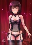  artist_name bangs black_legwear black_panties blush breasts brown_eyes brown_hair bustier choker closed_mouth cowboy_shot curtains garter_straps girls_und_panzer haruhata_mutsuki holding_clothes lingerie looking_at_viewer medium_breasts nishizumi_maho panties panties_over_garter_belt shirt short_hair side-tie_panties signature solo standing thighhighs twitter_username underwear 