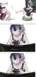  &gt;:) :q ahoge artoria_pendragon_(all) ass bare_shoulders barefoot black_panties blonde_hair bottomless breasts buddy_the_game_chair cheating_(competitive) cleavage comic controller dimples_of_venus fate/grand_order fate/stay_night fate_(series) game_controller grin head_out_of_frame headpiece highres holding jeanne_d'arc_(alter)_(fate) jeanne_d'arc_(fate)_(all) kicking large_breasts motion_lines multiple_girls nanaya_(daaijianglin) no_pants panties panty_pull saber_alter short_hair simple_background smile teeth television tongue tongue_out underwear v-shaped_eyebrows white_background yellow_eyes 