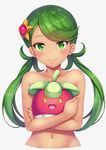  blush bounsweet commentary_request dark_skin gen_7_pokemon green_eyes green_hair hair_ornament highres long_hair looking_at_viewer mao_(pokemon) navel nude open_mouth pokemon pokemon_(creature) pokemon_(game) pokemon_sm simple_background smile snowcanvas twintails white_background 