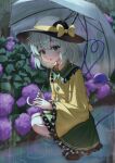  1girl absurdres black_hat blush bow buttons collared_shirt commentary_request diamond_button eyeball flower frilled_shirt_collar frilled_skirt frilled_sleeves frills green_eyes green_hair green_skirt hat hat_bow heart heart_of_string highres holding holding_umbrella hydrangea koishi_day komeiji_koishi long_sleeves looking_at_viewer medium_hair open_mouth rain shirt skirt solo soo_kazahana squatting third_eye touhou twitter_username umbrella wide_sleeves yellow_bow yellow_shirt 