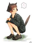  1girl absurdres animal_ears bad_id bad_twitter_id bangs black_serafuku black_skirt blunt_bangs brown_hair cat_ears cat_girl cat_tail collarbone dated full_body hieung highres knees_together_feet_apart loafers looking_to_the_side no_socks original parted_lips pleated_skirt school_uniform serafuku shoes short_hair signature simple_background skirt solo spoken_exclamation_mark squatting tail white_background yellow_eyes 