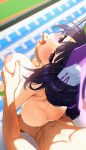  1boy 1girl ass baseball_cap black_hair blue_archive blush breasts completely_nude cum cum_overflow day ett finger_in_another's_mouth from_above grabbing_another's_breast grabbing_from_behind groping halo hat hetero highres large_breasts long_hair looking_at_viewer looking_up nipples nude open_mouth purple_halo sex solo_focus sumire_(blue_archive) sumire_(part-time)_(blue_archive) tongue tongue_out 