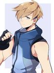  ace_trainer_(pokemon) bad_id bad_twitter_id black_gloves blonde_hair blue_eyes clenched_hand fingerless_gloves gloves grey_background kino_(noki418) looking_at_viewer male_focus outside_border pokemon pokemon_(game) pokemon_sm simple_background sleeveless smile solo upper_body zipper 