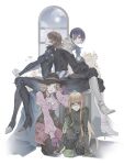  1boy 3girls blue_hair bodysuit boots brown_hair crossed_legs fox_(persona_5) full_body glasses gloves grey_eyes hat highres kitagawa_yuusuke looking_at_viewer multiple_girls niijima_makoto noir_(persona_5) okumura_haru oracle_(persona_5) orange_eyes persona persona_5 queen_(persona_5) ryokuyuu sakura_futaba short_hair sitting smile squatting window 