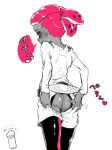  1boy ass come_hither dark_skin dark_skinned_male inkling looking_at_viewer male_focus pointy_ears presenting shorts simple_background solo splatoon_(series) squid standing takamine_k tentacle_hair white_background 