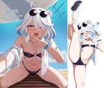 1girl :3 :d @_@ beach bikini black_bikini blue_eyes blue_hair blue_scrunchie blue_sky blush commentary cowlick drop-shaped_pupils english_commentary english_text eyewear_on_head flip-flops furina_(genshin_impact) genshin_impact hair_between_eyes half-closed_eyes highres long_hair looking_at_viewer mismatched_pupils mockingeu multicolored_hair navel ocean open_clothes open_shirt outdoors round_eyewear sandals scrunchie see-through_clothes see-through_shirt shirt sky smile speech_bubble split standing standing_on_one_leg standing_split sunglasses swimsuit symbol-shaped_pupils thighs water white-framed_eyewear white_hair white_shirt wrist_scrunchie 