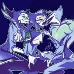 2025 andrealphus_(helluva_boss) anthro arms_tied avian bdsm bird bodily_fluids bondage bound clothed clothing collar demon digital_drawing_(artwork) digital_media_(artwork) ear_piercing ear_ring fingering fingering_partner french_kissing group helluva_boss hi_res kissing lgbt_pride male male/male owl owl_demon piercing pride_colors ring_piercing saliva sex spread_legs spreading stolas_(helluva_boss) tinycaterpillar trio vassago_(helluva_boss)