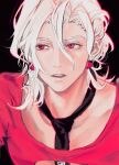  1boy absurdres albino black_background earrings food-themed_earrings highres jewelry jiuming_mao jojo_no_kimyou_na_bouken male_focus necktie nostrils pale_skin pannacotta_fugo red_eyes strawberry_earrings teeth vento_aureo white_hair 