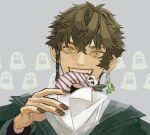  ambiguous_gender androgynous brown_hair dessert donut earrings eye_symbol eyelashes food ghost hair_between_eyes holding holding_food jewelry looking_at_viewer nail_polish original sharp_teeth short_hair simple_background sweets teeth yellow_eyes yksm_ktn 
